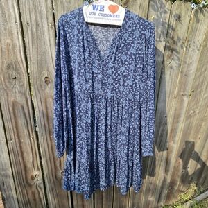 Beachlunchlounge Printed Tiered Babydoll Blue Dress XL Long Sleeves